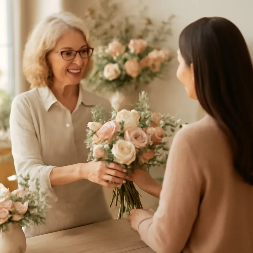 Welcoming floral consultation scene for the About Freshland Flowers call to action