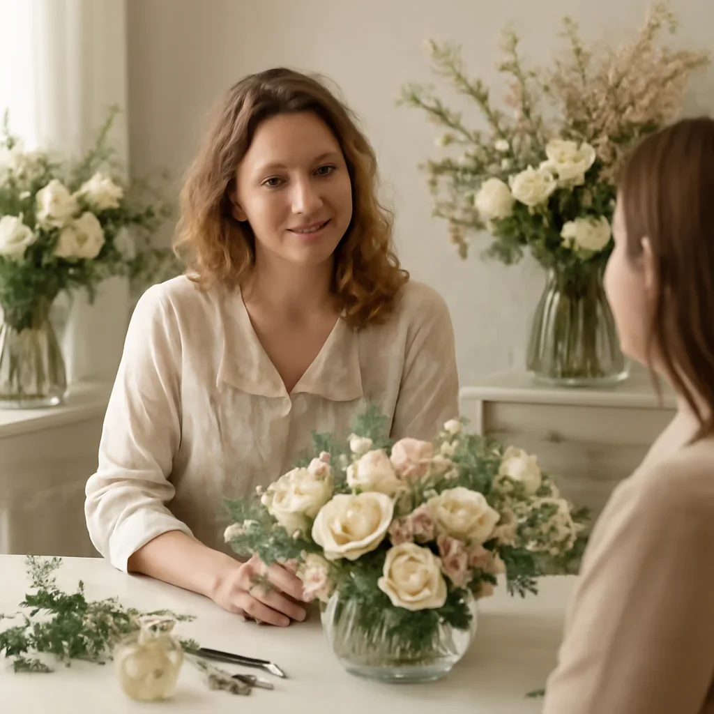Welcoming floral consultation scene for the Christmas Flower Gifts That Feel Premium but Practical call to action