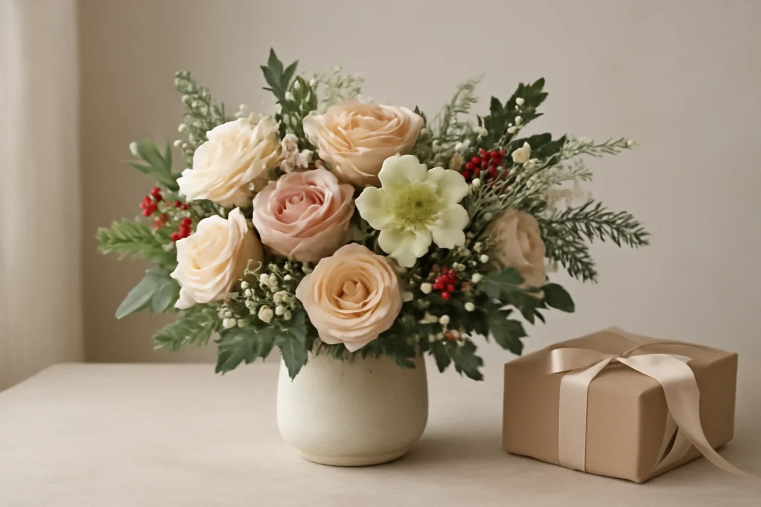 Christmas Flower Gifts That Feel Premium but Practical floral hero arrangement in soft natural light