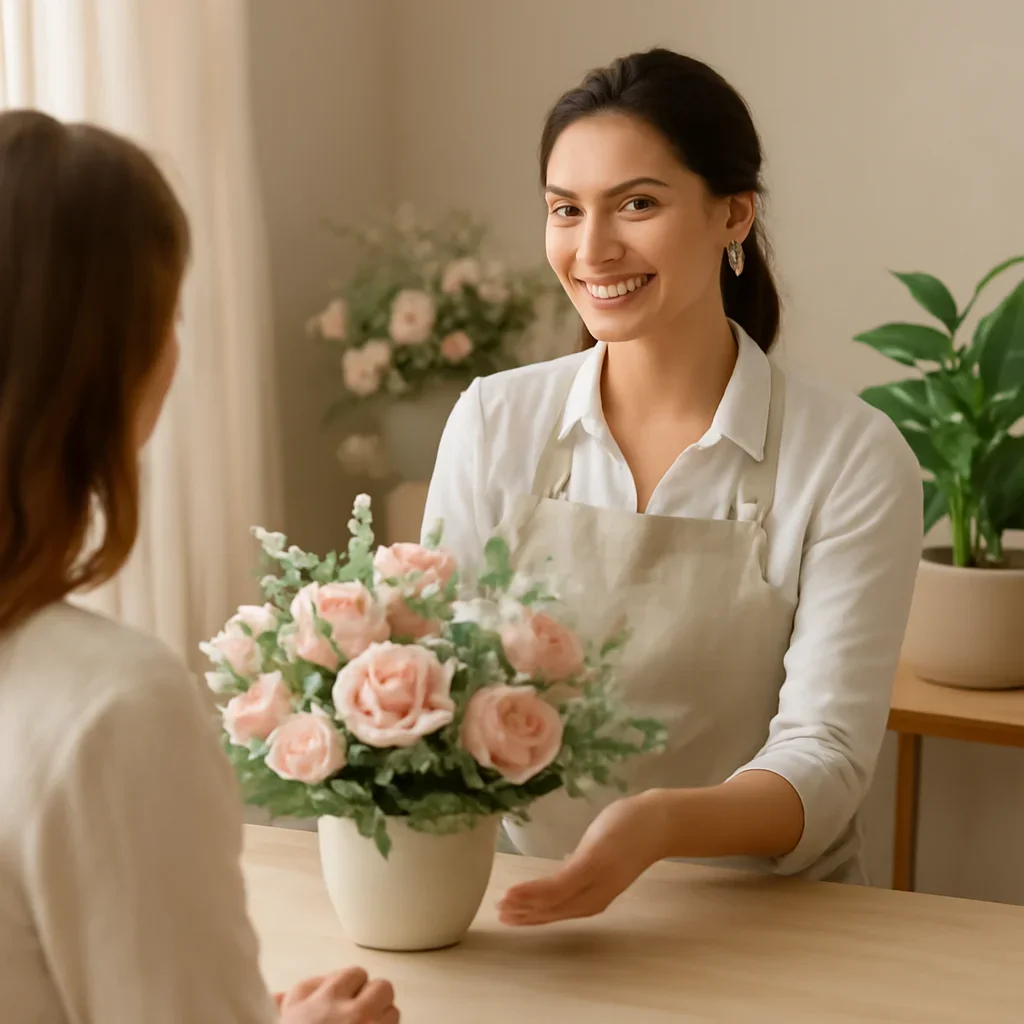 Welcoming floral consultation scene for the Plants vs Bouquets: Which Get-Well Gift Lasts Longer? call to action