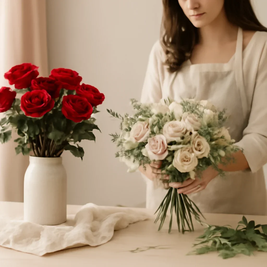 Welcoming floral consultation scene for the Red Roses vs Mixed Bouquets for Valentine's Day call to action