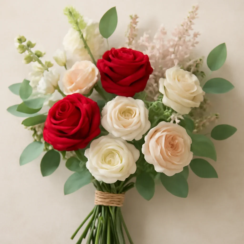 Hand-tied bouquet details for the Red Roses vs Mixed Bouquets for Valentine's Day page