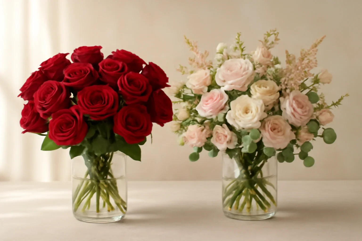 Red Roses vs Mixed Bouquets for Valentine's Day floral hero arrangement in soft natural light