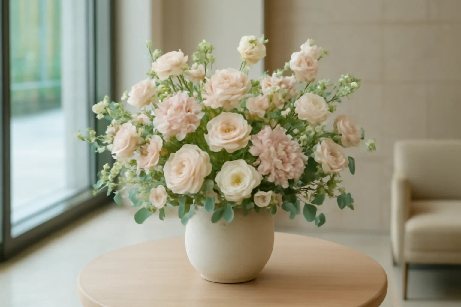 Corporate Lobby Flowers Markham Case Study floral hero arrangement in soft natural light