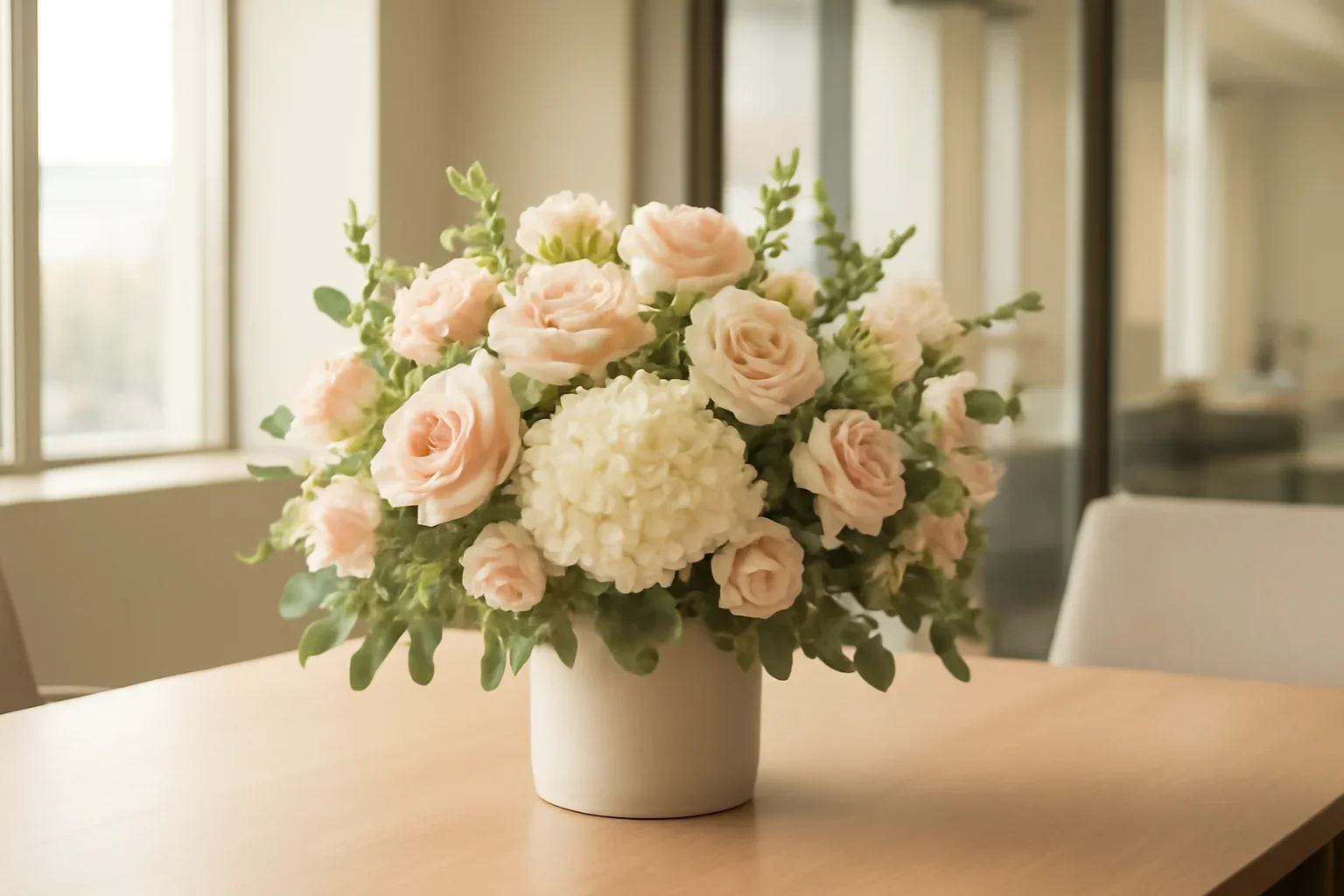 Corporate Offices in Markham floral hero arrangement in soft natural light