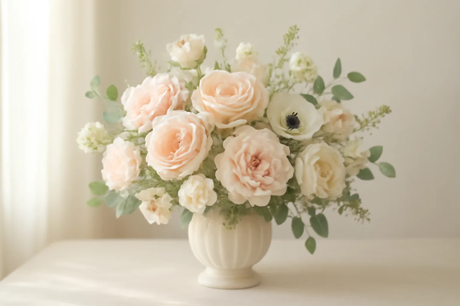 Pricing floral hero arrangement in soft natural light